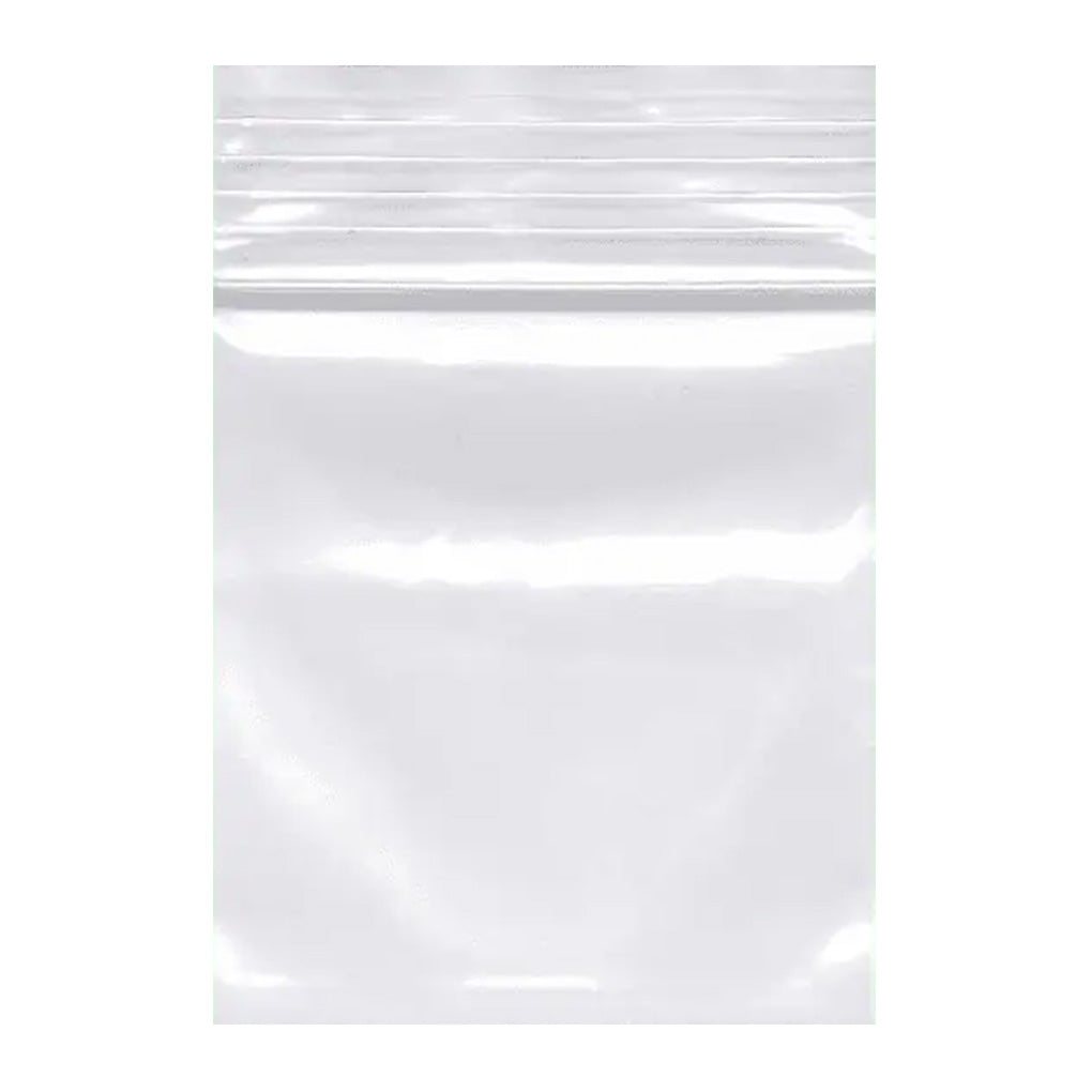 Clear resealable poly zip top bag shown flat on a white background.
