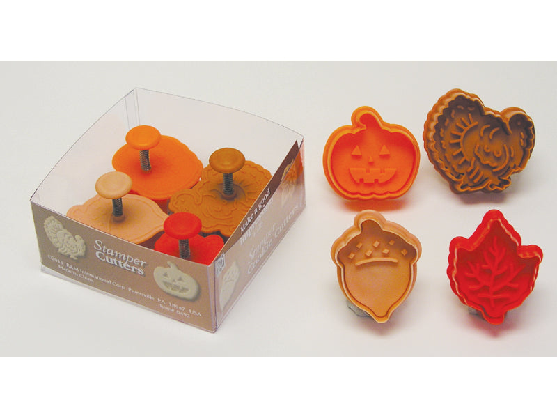 R&M Autumn Pastry & Cookie Stamper Set of 4 - Pumpkin, Turkey, Acorn, Leaf