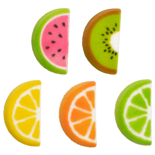 Assorted pressed sugar fruit slice decorations in kiwi, watermelon, lemon, orange, and lime designs.