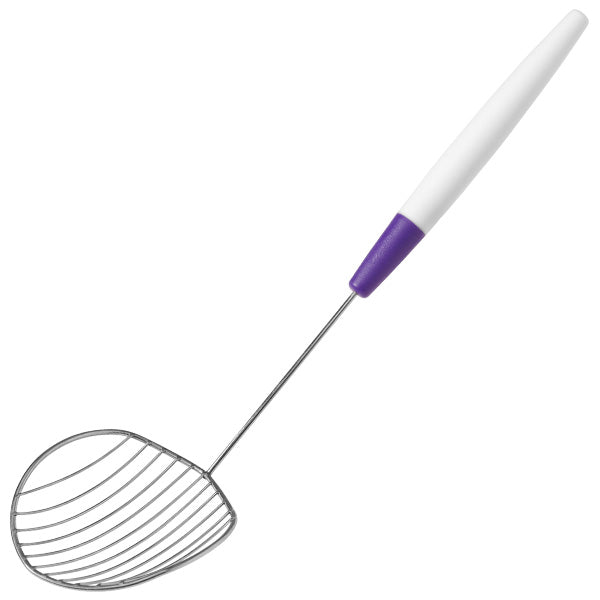 Candy Melt Dipping Scoop with a wide, angled stainless steel wire bowl and a purple and white handle on a white background.