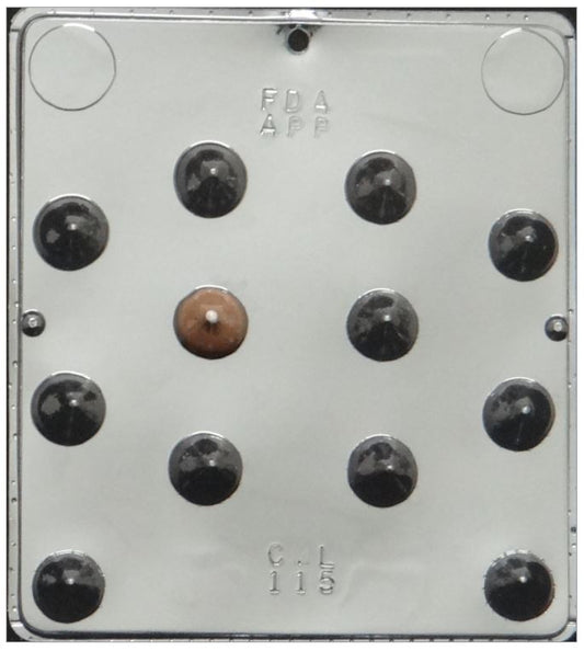 A 12-cavity plastic chocolate mold featuring kiss-shaped cavities in a 3x4 grid, with one cavity filled with a brown chocolate piece; mold has a shiny, reflective silver finish and embossed text markings for FDA approval and mold identification.