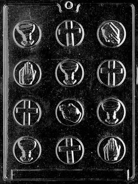 Communion mint chocolate mold featuring 12 cavities with three unique designs: a cross, praying hands, and a chalice, each 1-1/2 inch in size.