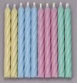 Magic relite pastel candles measuring 2 1/2 inches, designed to relight after being blown out, available in soft pastel colors, perfect for birthday or party cakes.