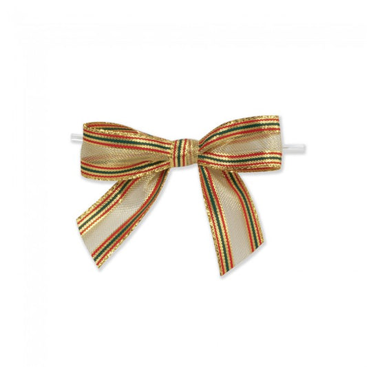 Metallic pre-tied holiday bow with gold ribbon and red and green stripes, measuring 3.5 inches wide, shown with a white twist tie.