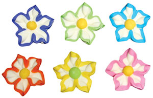Colorful royal icing star flowers, each measuring 1 3/8 inch in diameter, perfect for decorating cakes and cupcakes.