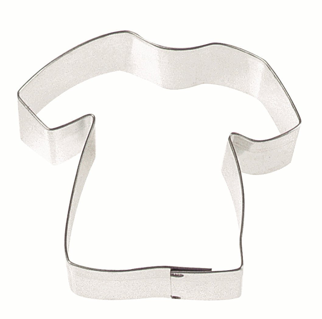 3-inch tin-plated steel cookie cutter in the shape of a T-shirt or jersey.