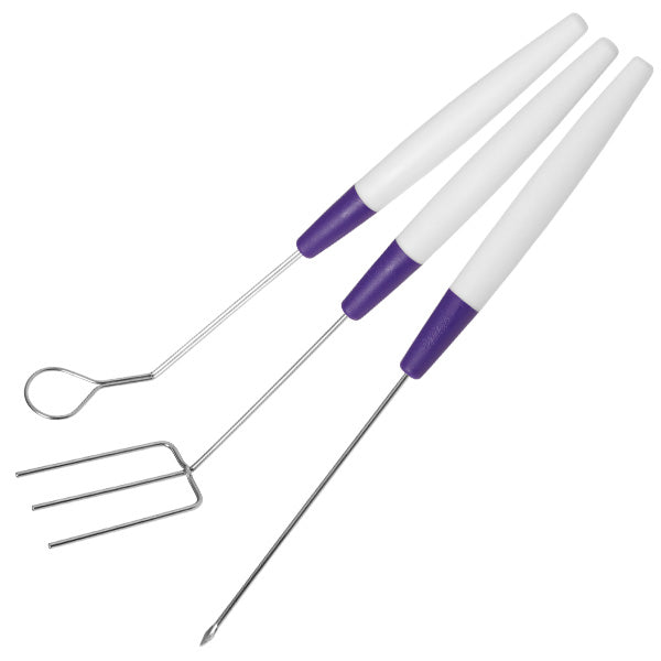 Three-piece candy melt dipping tool set with purple and white handles, including cradle, fork, and spear for chocolate coating treats.