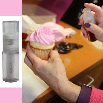 Dry dust pump applicator for edible glitters, decorative dusts, and pearls. Shown in a sleek design with two size options.