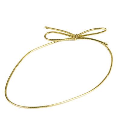 Gold stretch loop with a pre-tied bow, shown in a loose oval shape, used for securing candy or gift box lids.