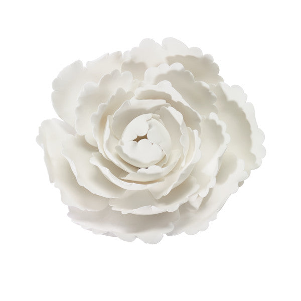 White gum paste peony flower with layered, ruffled petals measuring 4 inches wide, perfect for cake decorating and special event desserts