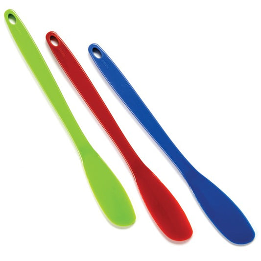 Bright red, green, and blue long spatula scrapers with narrow flexible heads and hanging holes