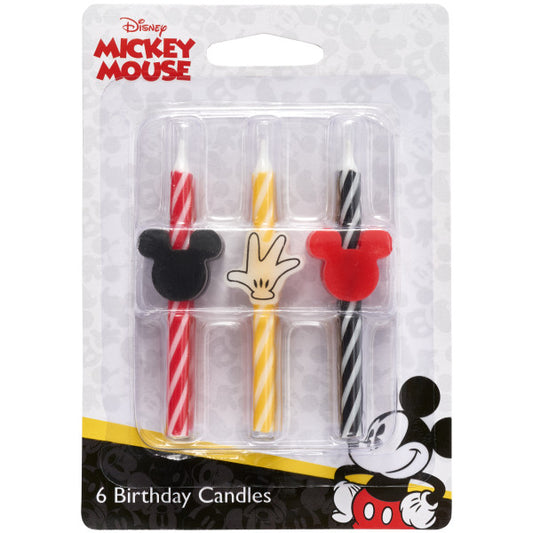 A 6-pack of Disney Mickey Mouse birthday candles featuring striped designs in red, yellow, and black with Mickey-themed toppers.