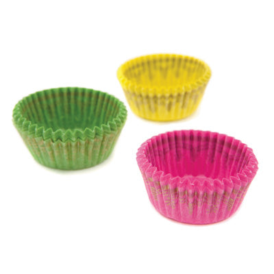 Mini baking cups in pink, green, and yellow with gold design accents, displayed in a trio on a white background.