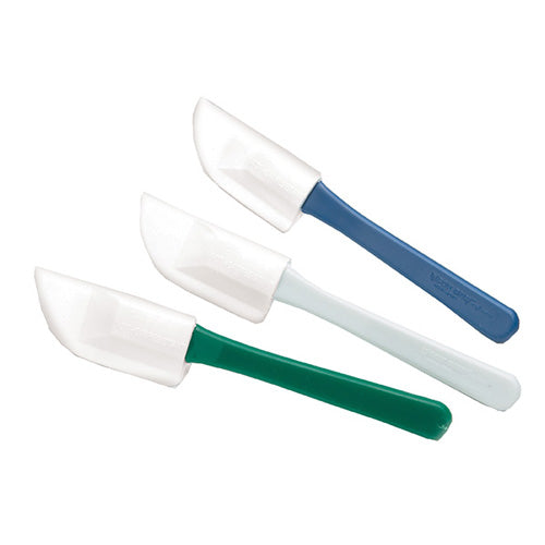 Three mini spatulas with white blades and assorted colored handles (green, light blue, and navy), ideal for small-scale baking and decorating tasks.