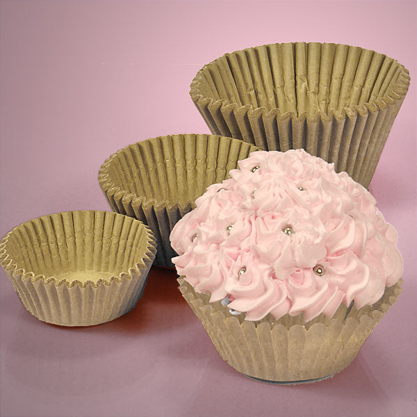 Natural unbleached jumbo baking cups displayed with a pink frosted cupcake, showing size and eco-friendly paper texture.