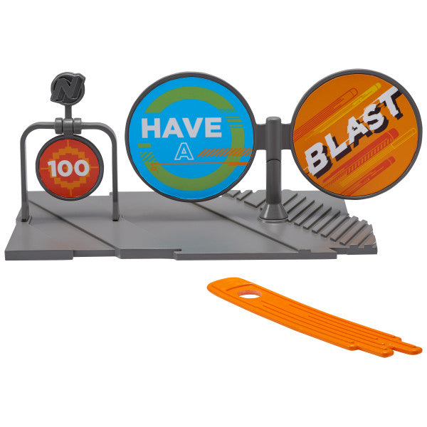 Nerf cake topper set featuring three colorful targets with playful "Have a Blast" and "100" graphics, including an orange launcher accessory, perfect for decorating Nerf-themed cakes.