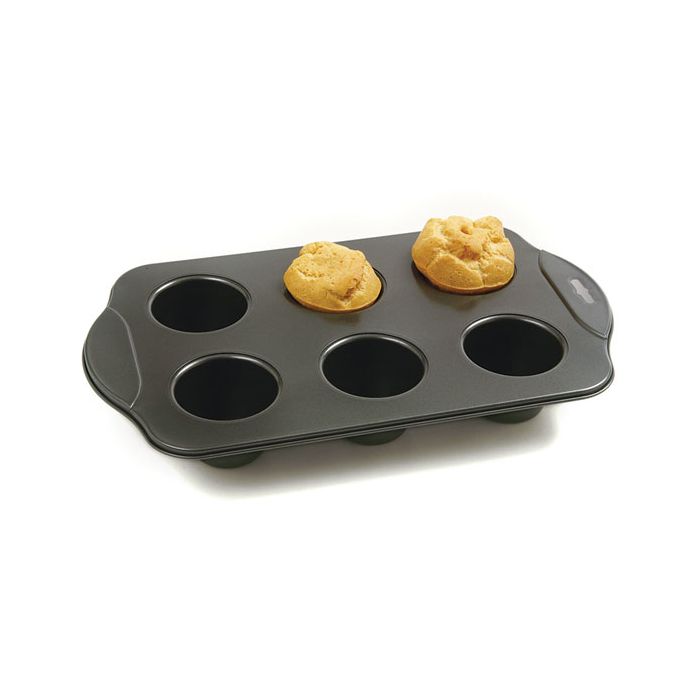Nonstick popover pan with six deep wells and wide handles, shown with two baked popovers.