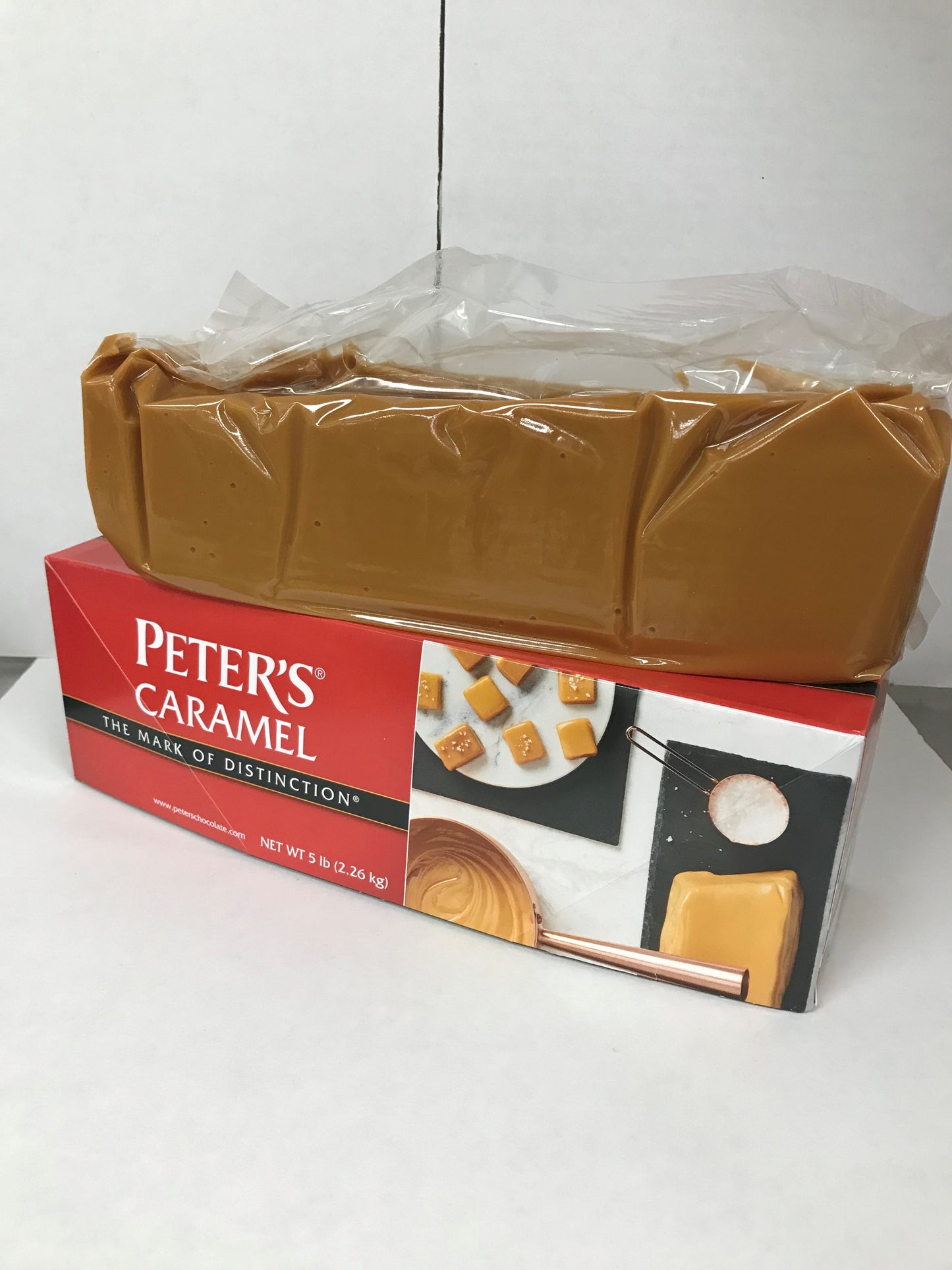 5-pound block of Peter’s Caramel in original packaging, showing creamy texture and ready-to-use format for candy making and baking
