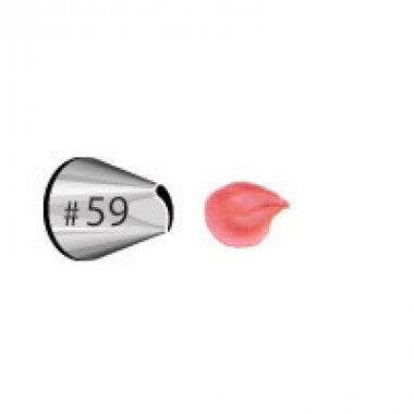 Curved Petal Piping Tip 59 with pink icing petal sample, used for creating arched flower petals and layered floral designs
