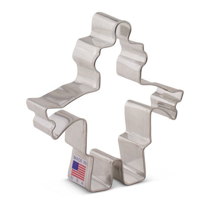 Metal robot-shaped cookie cutter with a Made in the USA sticker on the side.