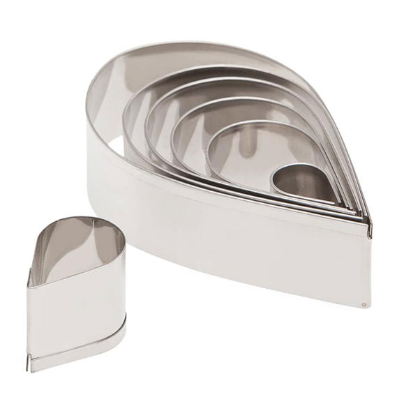 Set of seven stainless steel teardrop-shaped cookie cutters, neatly nested together.