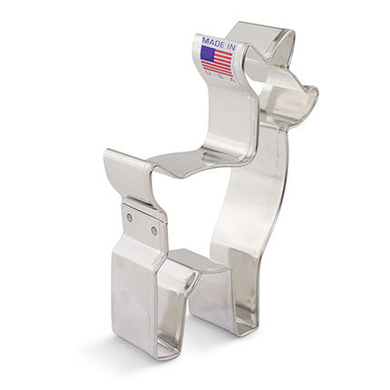 Metal standing deer-shaped cookie cutter with "Made in USA" label.