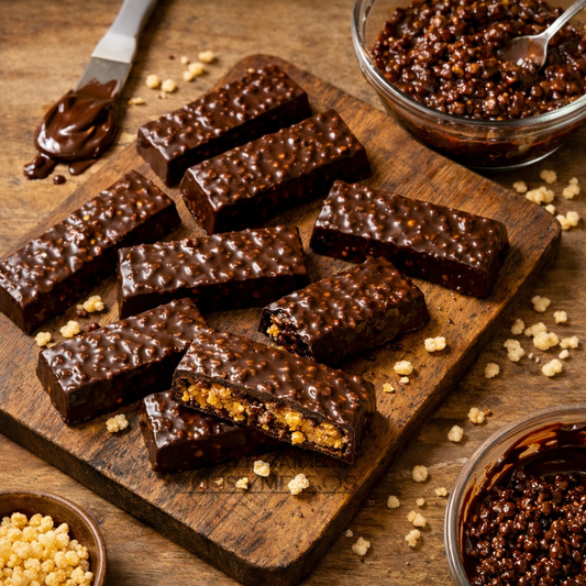 Top-down view of homemade chocolate candy bars filled with crispy rice tots on a wooden board, with melted chocolate on a spatula and a bowl of chocolate and crispy rice mixture nearby.