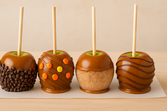 Four caramel apples on sticks with various toppings, including chocolate chips, candy-coated chocolates, cinnamon sugar, and chocolate drizzle.