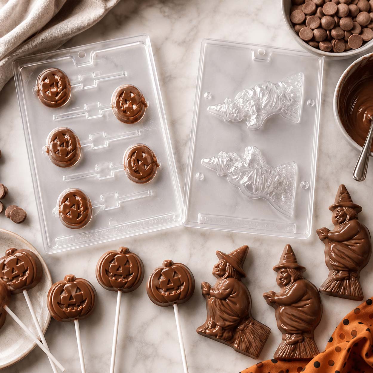 Halloween chocolate candy molds with pumpkin jack-o'-lantern lollipops and witch chocolates beside melted chocolate and candy melts for seasonal candy making.