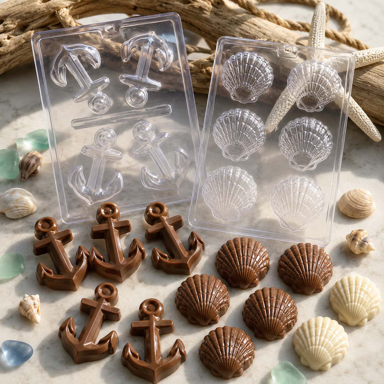 Nautical chocolate molds with anchors and seashells, plus finished milk and white chocolate candies styled with seashells and driftwood.