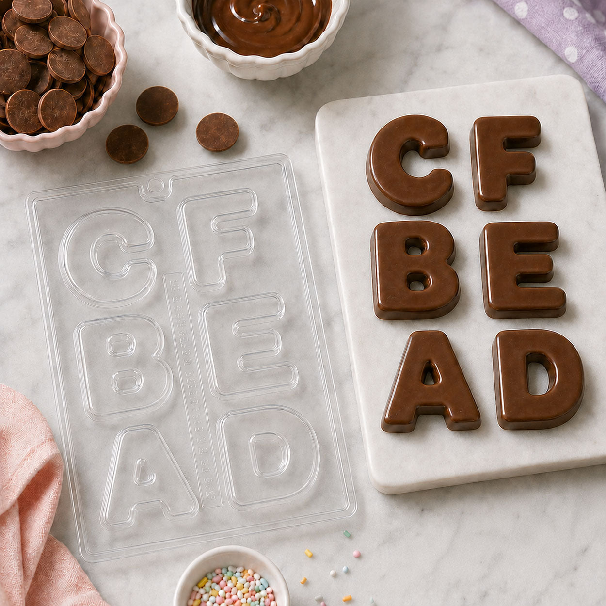 Clear alphabet chocolate mold with finished chocolate letters beside melting chocolate and candy melts, ideal for candy making and chocolate treats.