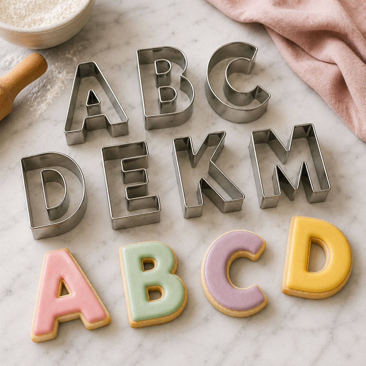 Alphabet letter cookie cutters and pastel decorated A, B, C, and D cookies arranged on a marble baking surface with flour and baking tools.