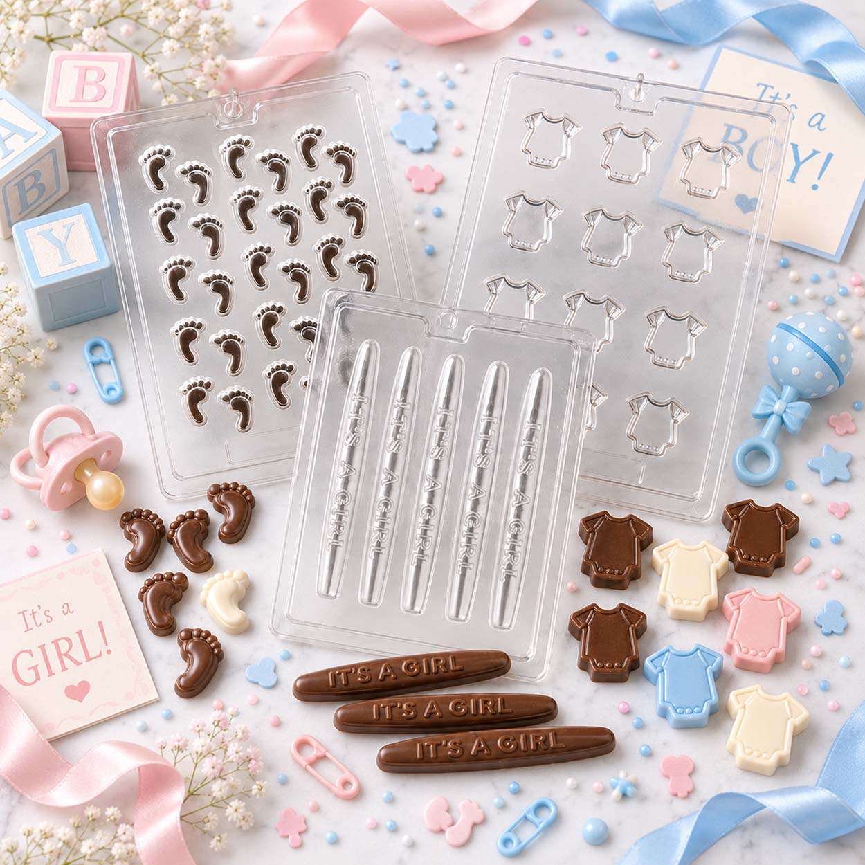 Baby shower chocolate molds with baby footprints, onesies and "It's a Girl" candy bars, plus finished chocolates in pink, blue, white and milk chocolate.