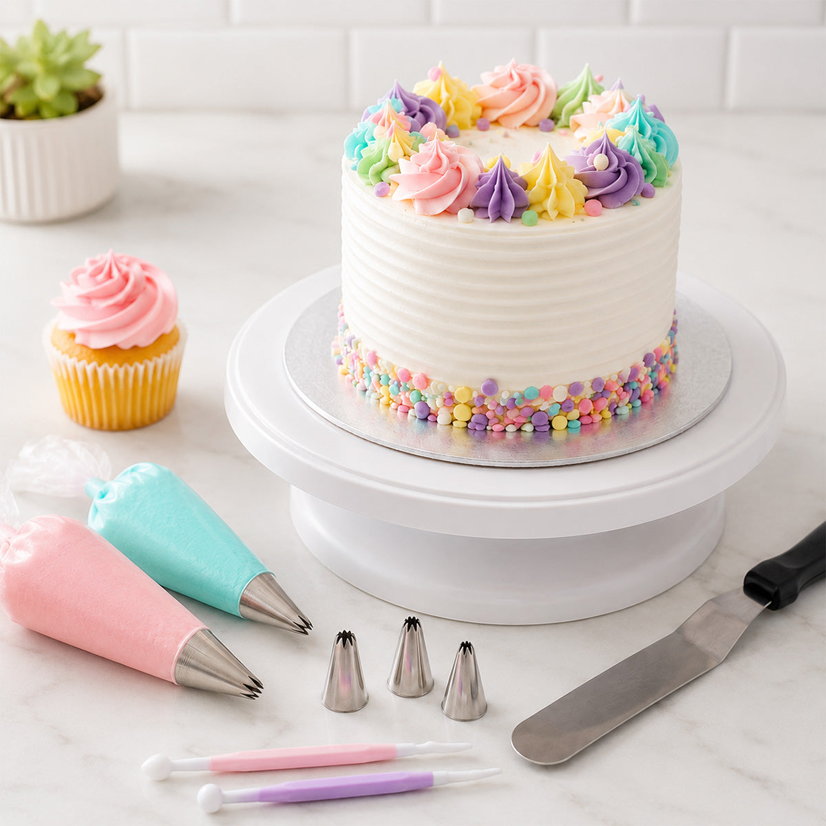 White layer cake with pastel buttercream flowers, sprinkles, piping bags, tips, spatula, and matching cupcake.