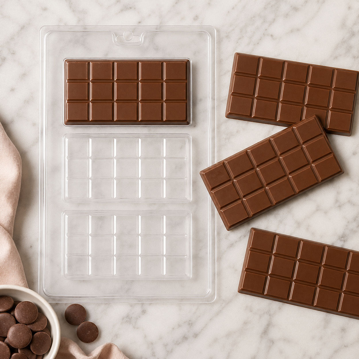 Chocolate bar candy mold with finished milk chocolate bars, chocolate melting wafers, and candy-making supplies on a marble countertop.
