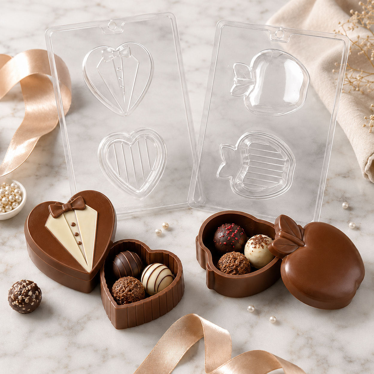 Chocolate box molds featuring heart tuxedo and strawberry gift boxes, displayed with finished chocolate boxes filled with truffles.
