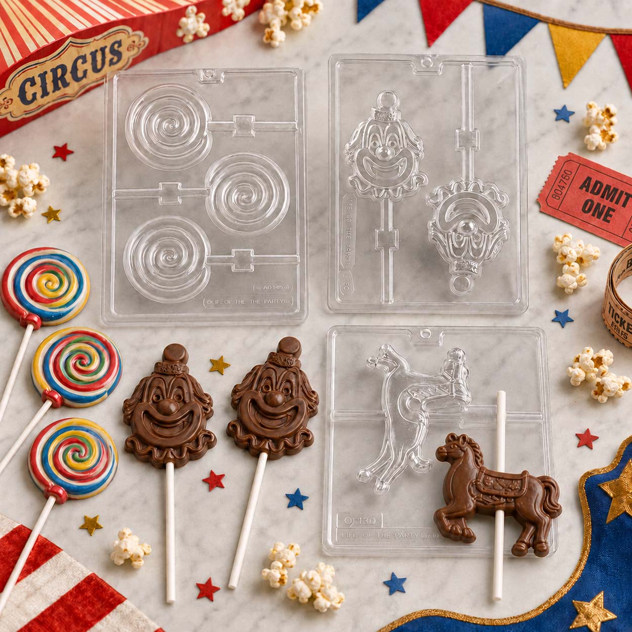 Circus chocolate molds featuring swirl lollipops, clown pops, and carousel horses with finished candies, styled with popcorn and carnival décor.
