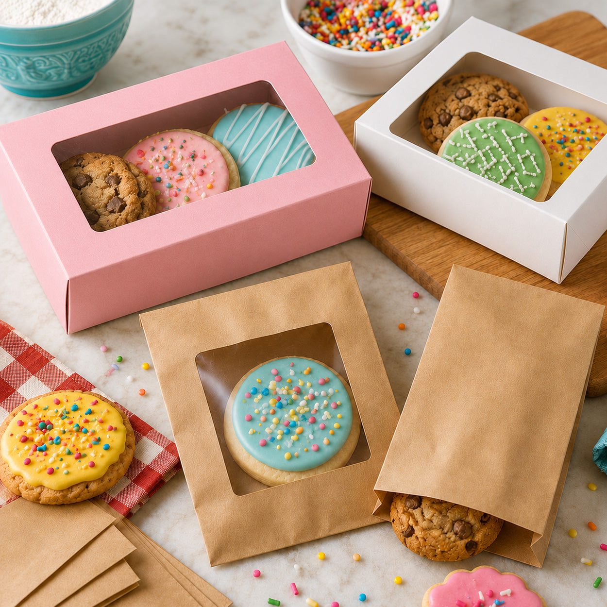 Cookie packaging boxes and bakery bags with clear windows displaying decorated sugar cookies and chocolate chip cookies, ideal for gifting and bakery packaging.
