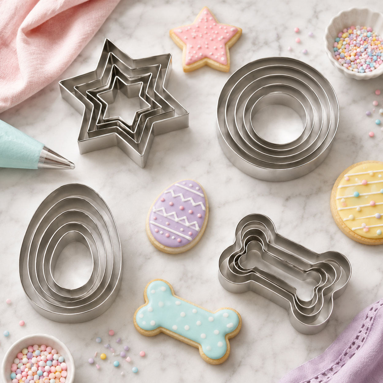 Nested stainless steel cookie cutter sets in star, circle, egg, and bone shapes with decorated cookies on a marble baking surface.