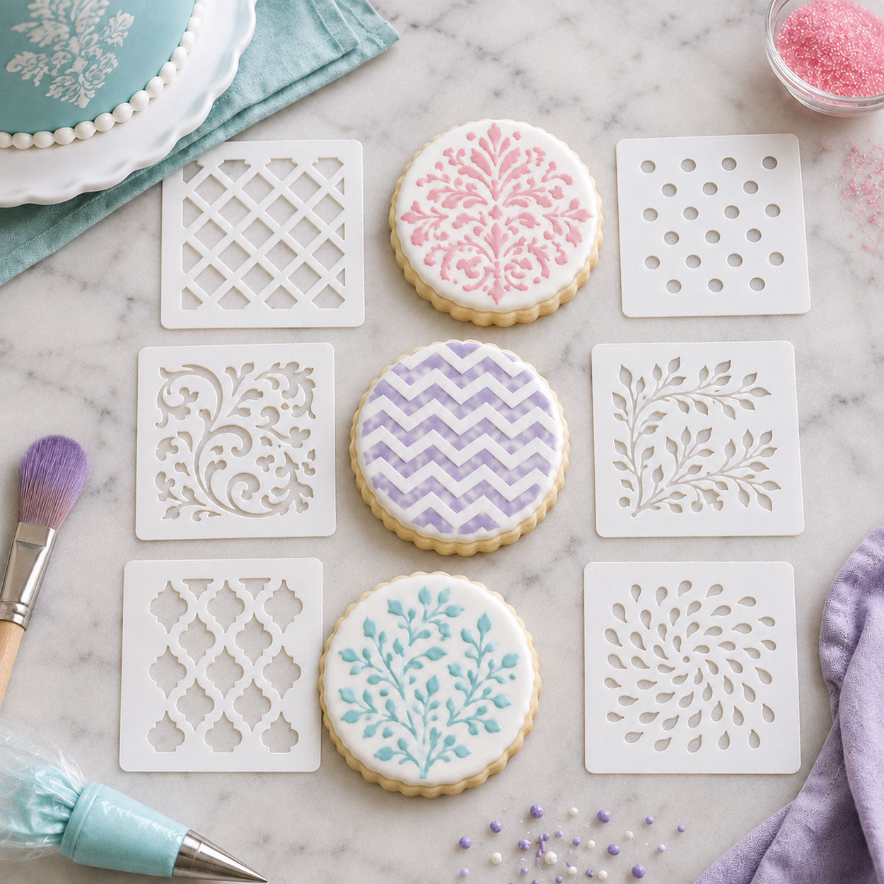 Cookie decorating stencils with floral, chevron, lattice, dot, and geometric patterns beside pastel iced sugar cookies.