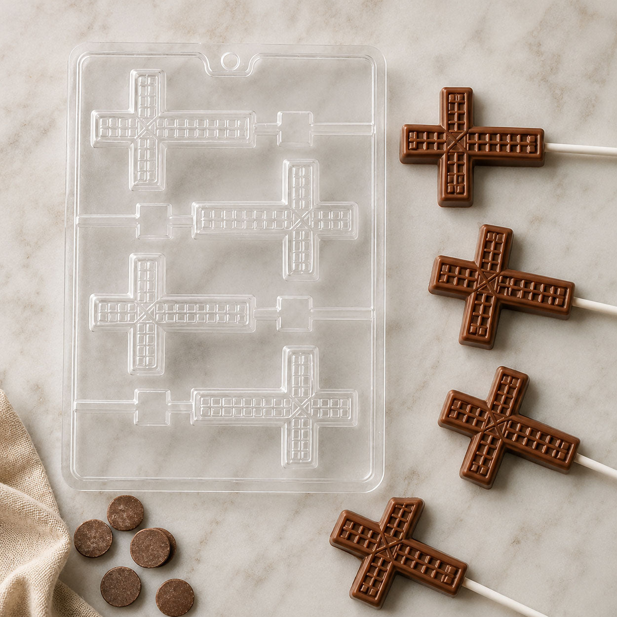 Cross-shaped chocolate lollipop mold with finished chocolate cross pops and candy melts for Easter, baptism, communion, or religious party treats.