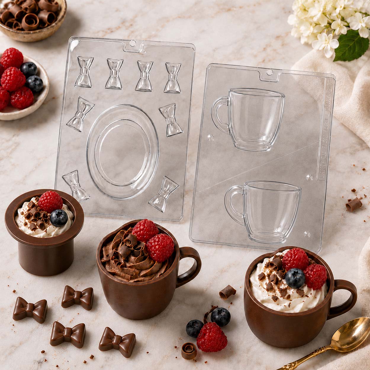 Chocolate molds for dessert cups, mugs, and bow ties with finished chocolate cups filled with whipped cream, berries, and chocolate curls.