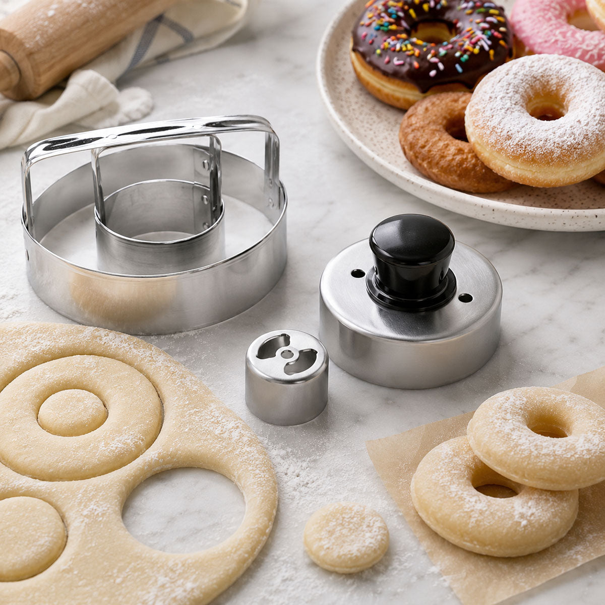 Stainless steel donut cutter set with dough rings, donut holes, and finished powdered and glazed donuts on a marble baking surface.
