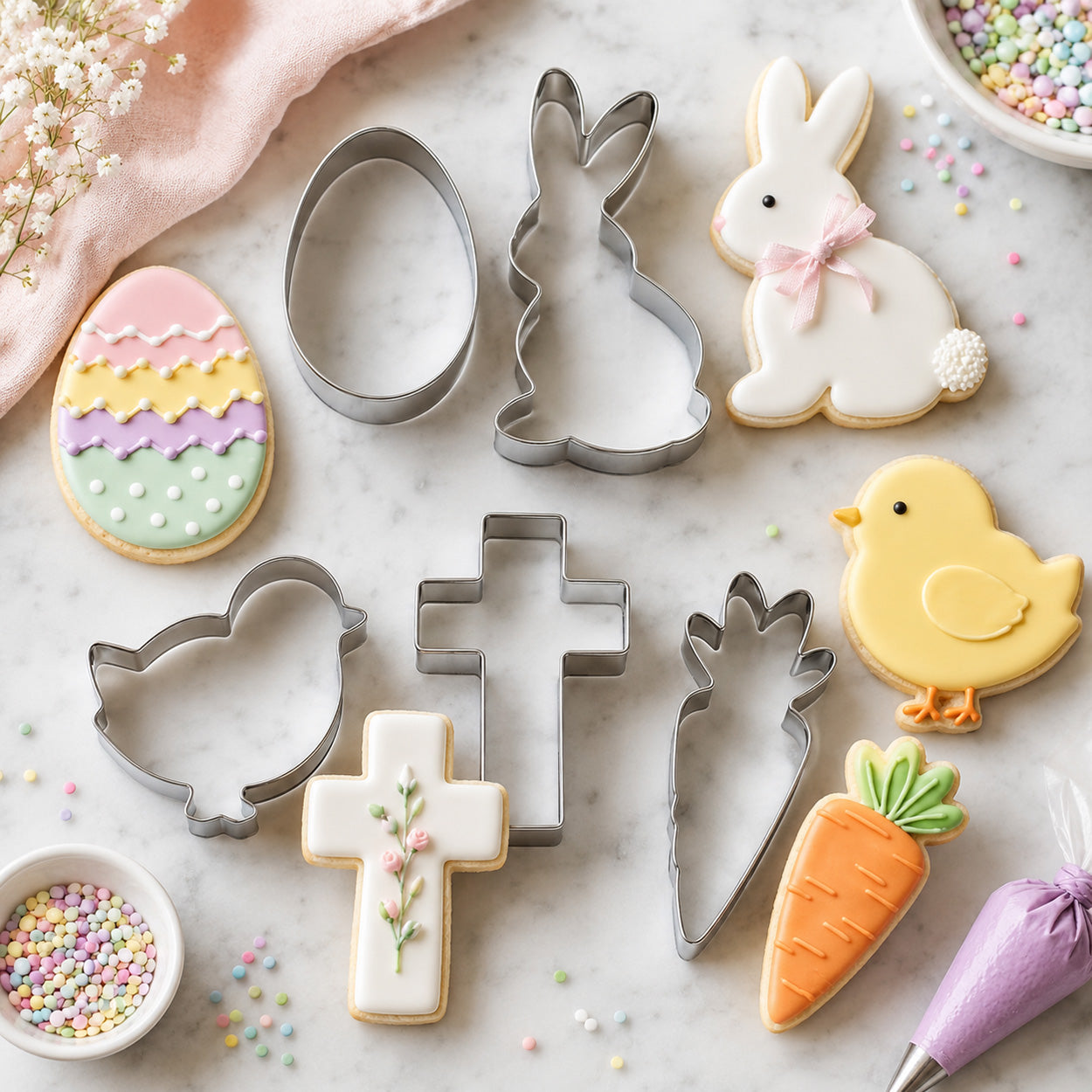 Easter cookie cutters and decorated cookies featuring an Easter egg, bunny, chick, cross, and carrot shapes with pastel spring icing.