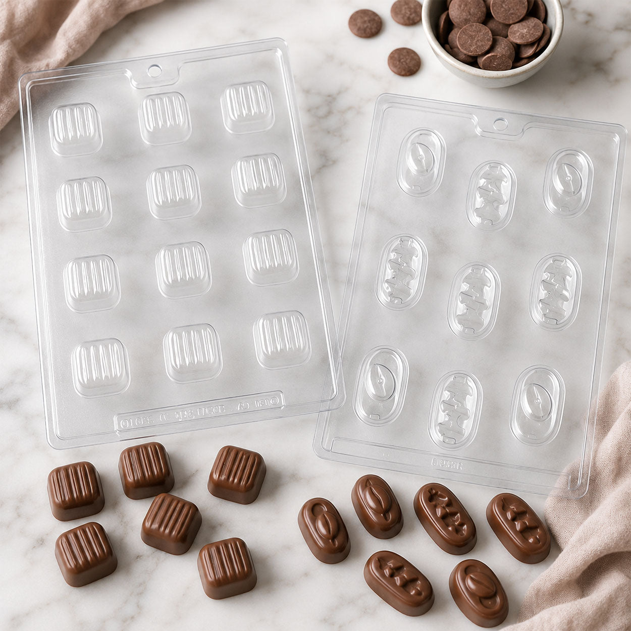 Chocolate candy molds for square truffles and oval coffee bean chocolates with finished milk chocolate candies, candy melts, and candy-making supplies.