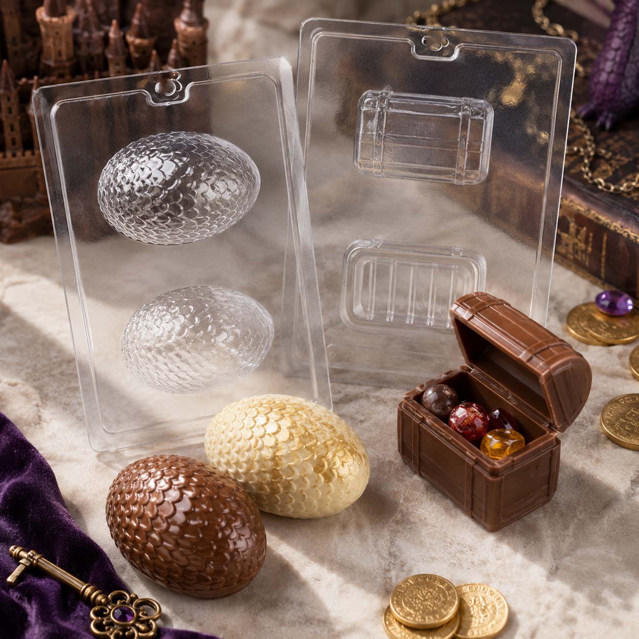 Dragon egg and treasure chest chocolate molds with finished milk and white chocolate eggs and a chocolate chest filled with candy gems.