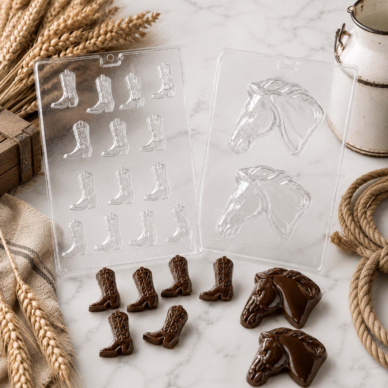 Western chocolate molds featuring cowboy boots and horse head designs, displayed with finished milk chocolate treats and rustic ranch décor.