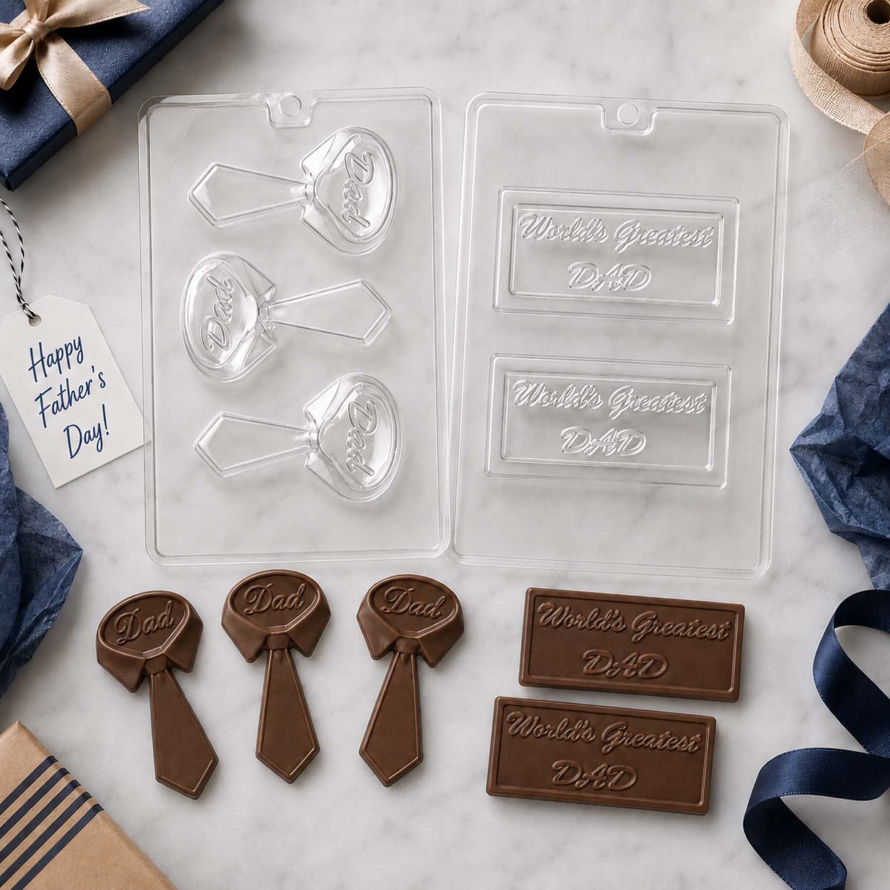 Father's Day chocolate molds with "Dad" necktie lollipops and "World's Greatest Dad" chocolate bars, displayed with finished chocolates and gift wrap.