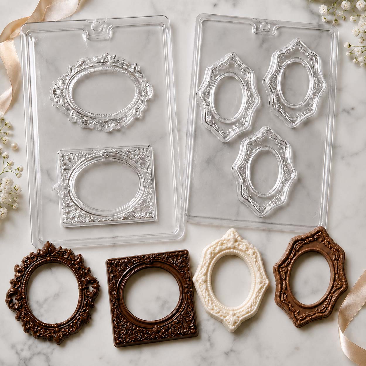 Ornate vintage frame chocolate molds with finished oval and square chocolate picture frame decorations in milk and white chocolate.