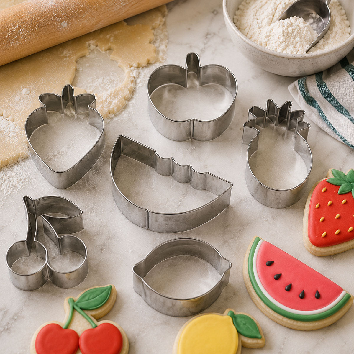 Fruit-themed cookie cutters and decorated cookies shaped like a strawberry, watermelon slice, cherries, lemon, pineapple, and apple on a floured baking surface.